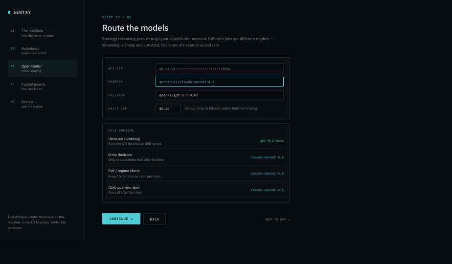 The OpenRouter setup step: an API key field, primary and fallback model choices, a daily spend cap with a note that Sentry drops to the fallback model at the cap, and a table routing each job to a model.